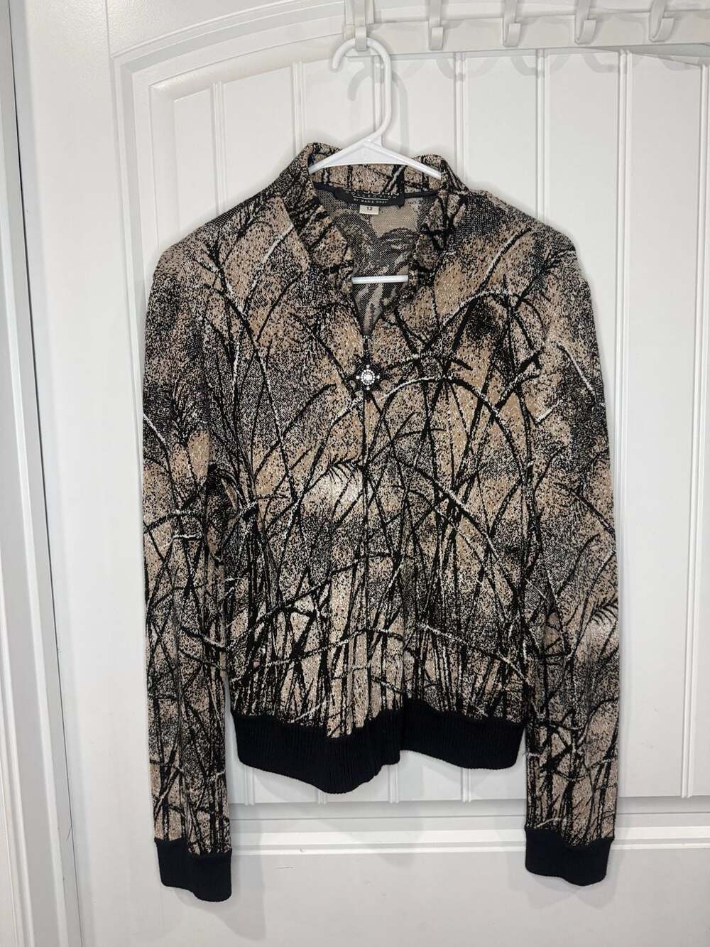 St. John Collection Marie Gray Tiger Zip Cardigan Jacket Sweater Sz 12 - Picture 2 of 13